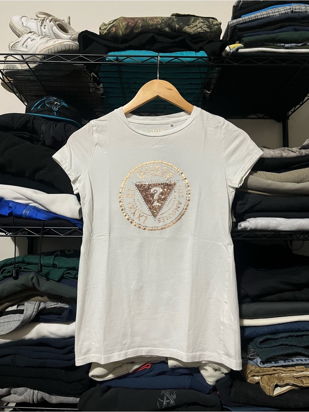 GUESS White Short-Sleeve Tee with Gold Sequin Logo